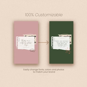May include: A graphic design showcasing two rectangular templates, one pink and one green, with quotes about books. The pink template reads "Books are a uniquely portable magic" by Stephen King. The green template reads "Books are mirrors: You only see in them what you already have inside you."