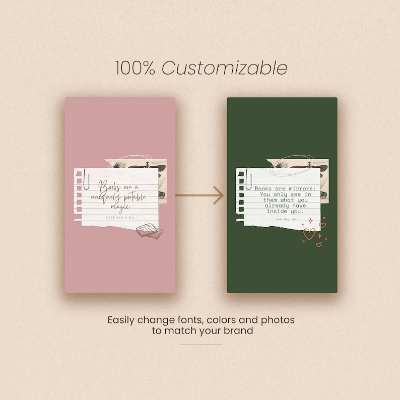 May include: A graphic design showcasing two rectangular templates, one pink and one green, with quotes about books. The pink template reads "Books are a uniquely portable magic" by Stephen King. The green template reads "Books are mirrors: You only see in them what you already have inside you."