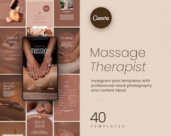 May include: A collection of Instagram post templates for a massage therapist, featuring professional stock photography and content ideas. The templates are in shades of brown and beige, with the Canva logo and the text "Massage Therapist".