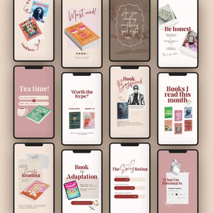May include: A collection of smartphone screens displaying book-related content. The screens feature book covers, text like "Must read!" and "Tea time!", and graphics. The color scheme is primarily pink, white, and brown, with some blue and green accents.