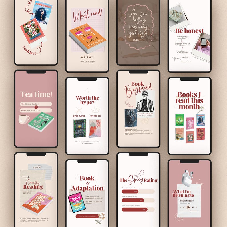 May include: A collection of smartphone screens displaying book-related content. The screens feature book covers, text like "Must read!" and "Tea time!", and graphics. The color scheme is primarily pink, white, and brown, with some blue and green accents.