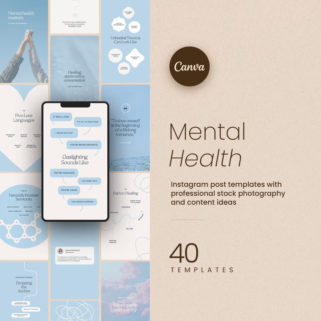 Mental Health & Therapist Instagram Post Bundle (customizable Canva ...