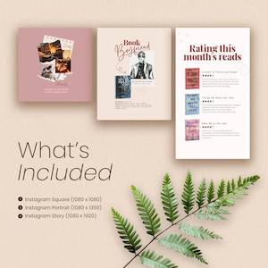 May include: A digital graphic design featuring three book covers and a reading list. The covers include the titles "Candy", "Book Boyfriend", and "Iced". The reading list is titled "Rating this month's reads". The text "What's Included" and Instagram sizes are also present.