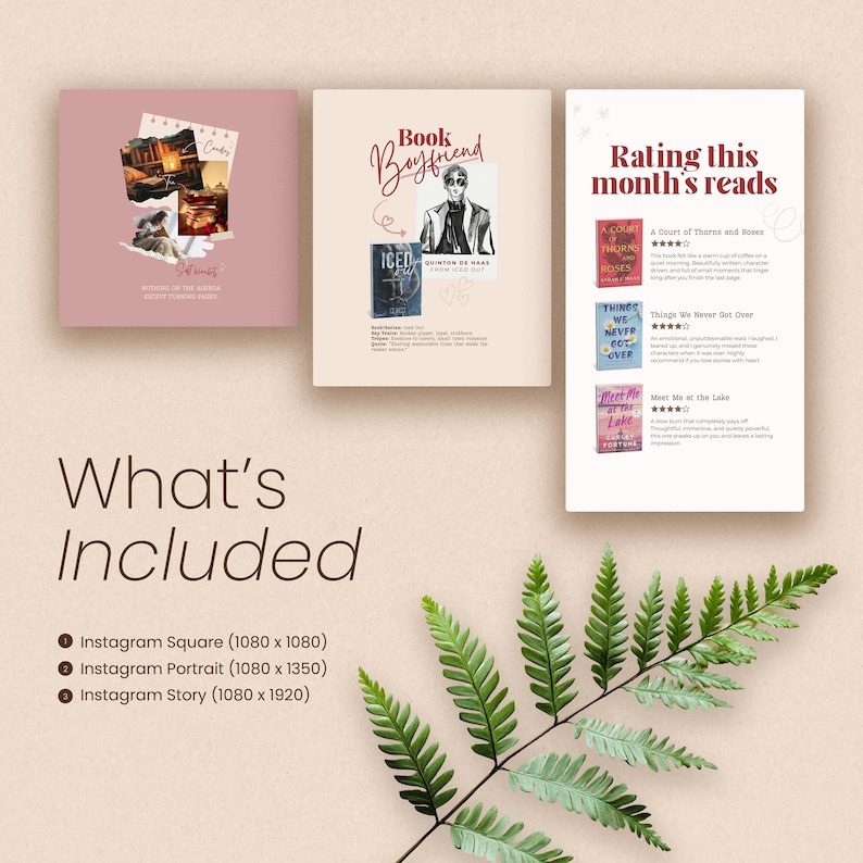 May include: A digital graphic design featuring three book covers and a reading list. The covers include the titles "Candy", "Book Boyfriend", and "Iced". The reading list is titled "Rating this month's reads". The text "What's Included" and Instagram sizes are also present.
