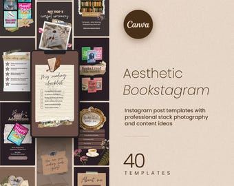May include: Aesthetic Bookstagram Instagram post templates with professional stock photography and content ideas. The image features a collage of book-related graphics, including book covers, checklists, and the Canva logo. The text reads "40 TEMPLATES."