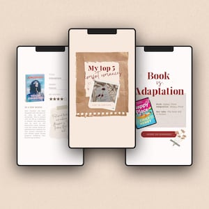 May include: Three smartphones displaying book-related content. One screen shows a book cover and text, another lists "My top 5 comfort romances," and the third compares a book to its adaptation. The image has a neutral color palette.