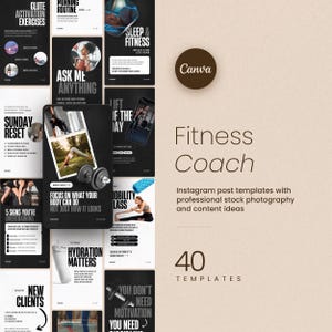 Peut inclure: Modèles de publications Instagram pour un coach sportif, avec des photos et des idées de contenu. La conception utilise des graphiques en noir et blanc avec du texte tel que "Fitness Coach" et "40 Templates".
