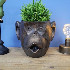 May include: A bronze-effect monkey head plant pot filled with green artificial grass. The pot has detailed facial features, including large ears and an open mouth. The pot sits on a wooden surface.