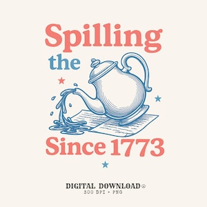 May include: A vintage-style illustration features a blue teapot pouring water onto a document. The text "Spilling the" and "Since 1773" are in red, with "the" in blue. Stars and the words "DIGITAL DOWNLOAD" are also included.