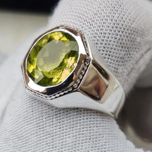 Peridot Men&#39;s Ring: Sterling Silver Art Deco Gemstone Band