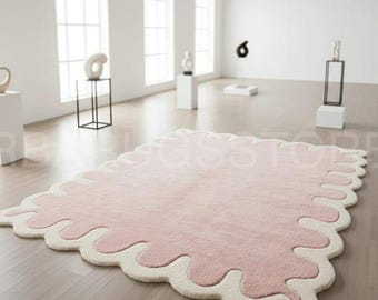 Hand-Tufted Wool Rug, Blush Pink Organic Shape, Scalloped Edge