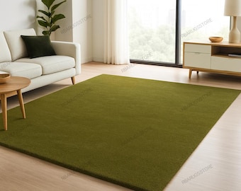 Handmade Olive Green Wool Rug: Modern Solid Color, Custom Size Available