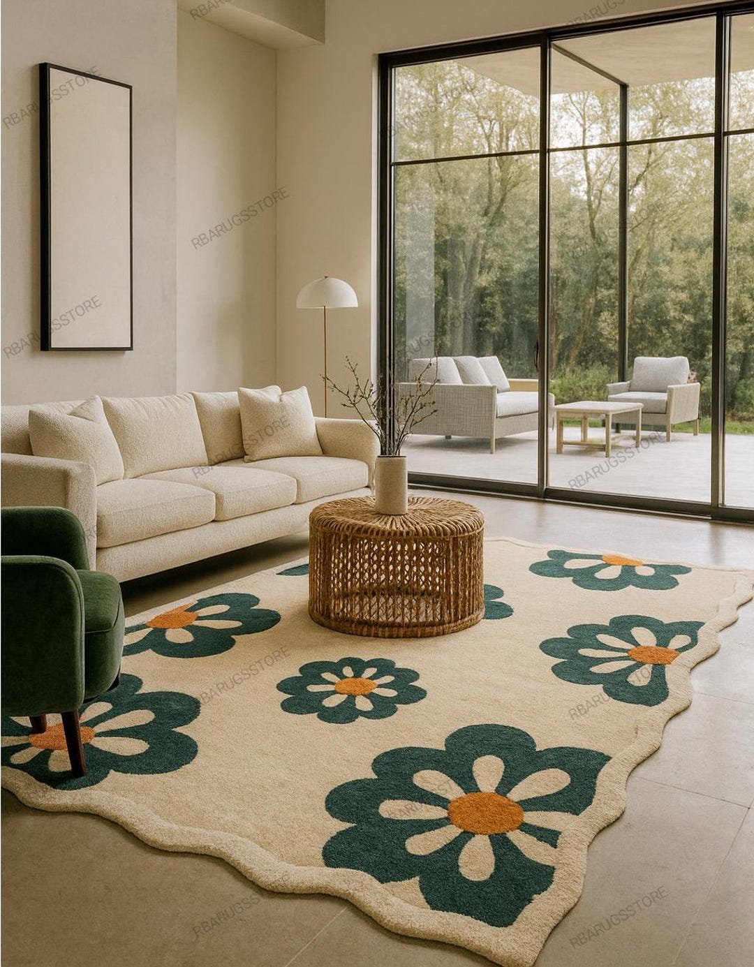 Hand-tufted Wool Daisy Rug: Dark Green & Ivory Scalloped Area Rug - Etsy