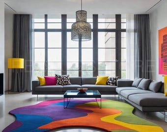 Hand-Tufted Colorful Abstract Rug, Modern Wavy Carpet