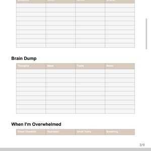 May include: A digital planner page titled ADHD_Command_C with sections for Meal Plan, Brain Dump, and When I'm Overwhelmed. The layout includes tables with headers for Breakfast, Lunch, Dinner, Snacks, Thoughts, Ideas, Tasks, Notes, Reset Checklist, Hydration, Small Tasks, and Breathing.