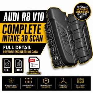 Könnte beinhalten: Ein 3D-Scan eines Audi R8 V10 Ansaugkrümmers, dargestellt als digitale Daten. Das Bild enthält den Text AUDI R8 V10 COMPLETE INTAKE 3D SCAN, FULL DETAIL REVERSE ENGINEERING DATA sowie Symbole für STL-, OBJ- und PDF-Dateien mit Messungen.
