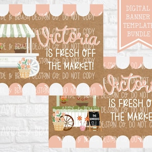Puede incluir: Paquete de plantillas de banner digital con fondo marrón y tema de mercado. El diseño incluye un carro de mercado con flores, el nombre "Victoria" y la frase "Is Fresh Off The Market!"