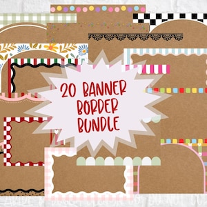 Peut inclure: Ensemble de 20 bordures de bannières aux styles variés, incluant des motifs floraux, à carreaux et rayés. Les bordures sont présentées sur un fond marron, avec le texte "20 Banner Border Bundle" au centre.