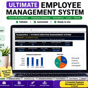 May include: A laptop screen displaying the Ultimate Employee Management System Excel template. The dashboard shows HR metrics, employee counts, and charts. Text includes TemplateHive, Employee Master Database, and Manage Your Employees Smarter.