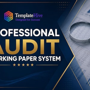 May include: A digital graphic for a Professional Audit Working Paper System by TemplateHive. The design features a dark blue background with gold text, a magnifying glass, a black pen, and a calculator resting on a document with financial charts.
