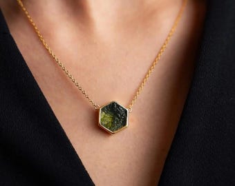 Raw Moldavite Sterling Silver Pendant: Czech Meteorite Necklace Christmas gift