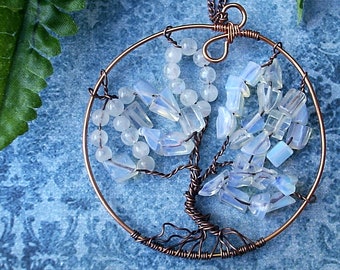 Moonstone Gemstone Tree Of Life Pendant Wire Wrapped Copper Beaded Necklace