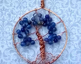 Tree Of Life Pendant Wire Wrapped Copper Beaded with Blue Agate Gemstones