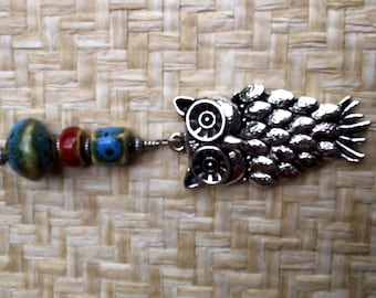 Beaded Ceramic Owl Ceiling Fan Pull  Silver Blue Red Brown