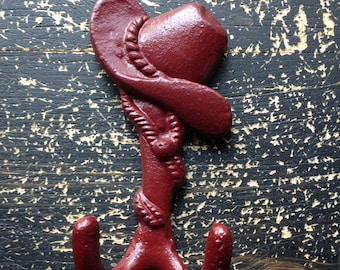 Red Cast Iron Cowboy Hat Wall Hook: Western Home Decor