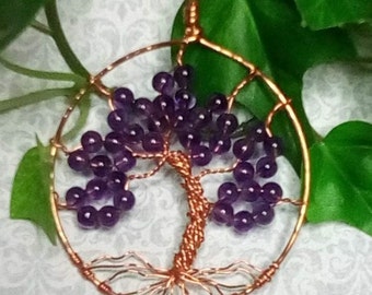 Tree Of Life Pendant Wire Wrapped Copper and Beaded with Amethyst Gemstones