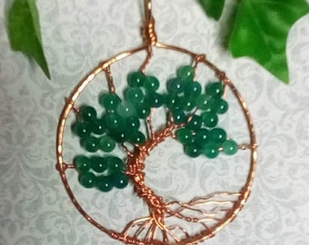 Green Agate Gemstone Tree Of Life Pendant Wire Wrapped Copper Beaded Purple