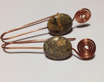 Leopard Jasoer & Copper Earrings  Peach Beige Black, and Charcoal Handmade