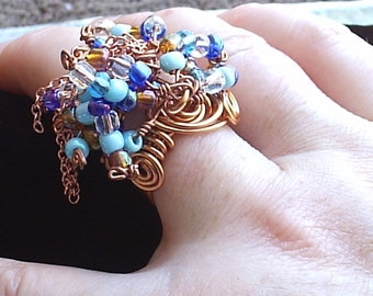 Copper Boho Party Ring: Dangling Beads & Chains, Size 8