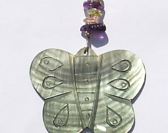 Black Lip Shell & Amethyst Butterfly Fan Pull