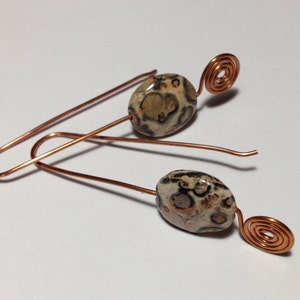 Leopard Jasper & Copper Earrings  Peach Beige and Charcoal Handmade