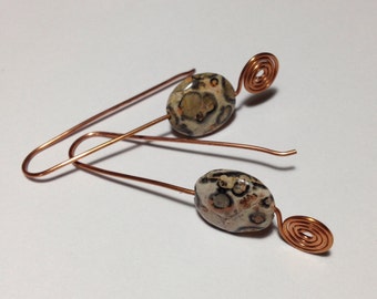 Leopard Jasper & Copper Earrings  Peach Beige and Charcoal Handmade