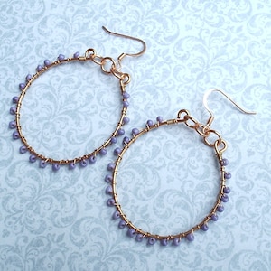 Lilac Beaded Copper Hoops
