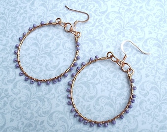Lilac Beaded Copper Hoops