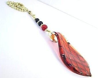 Leaf Shaped Fan Pull Glass Pull Chain Black Red & Gold