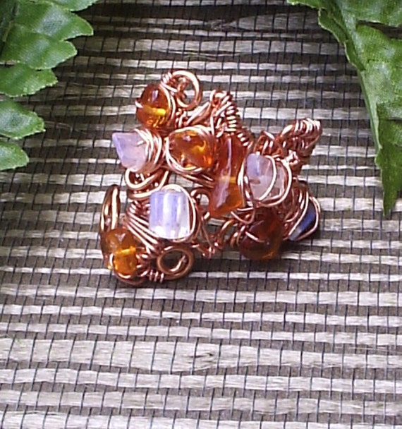 Copper Moonstone and Amber Wire Wrapped Ring