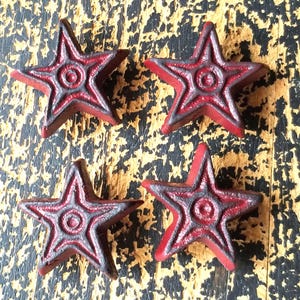 Set of 4 Cabinet Knobs Rustic Red  Iron Stars Shaped Drawer Pulls with black accents.  1.25"