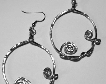 Hand Hammered Aluminum Hoops   1 .75 inch Earrings Surgical Steel Fishhooks