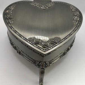 Vintage Pewter MCM Footed Jewelry Box with Red Velvet Lining Roses