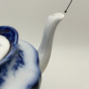 May include: A white ceramic teapot spout with a blue floral pattern on the body. A thin black arrow points directly to the tip of the spout, highlighting the specific area of the ceramic structure against a plain, neutral background.