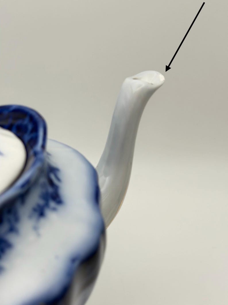 May include: A white ceramic teapot spout with a blue floral pattern on the body. A thin black arrow points directly to the tip of the spout, highlighting the specific area of the ceramic structure against a plain, neutral background.