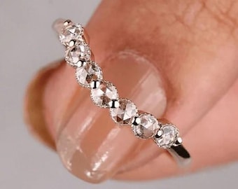 Rose Cut Lab Grown Diamond Wedding Band, Half Eternity Stacking Ring