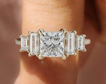 Princess Cut Lab Diamond Five Stone Ring, 14K Yellow Gold CVD Bridal Ring