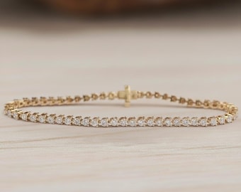 Round Cut Lab Grown Diamond Tennis Bracelet, 14K Yellow Gold Bridal Wedding Bracelet, Conflict Free Diamond Bracelet Gift For Her