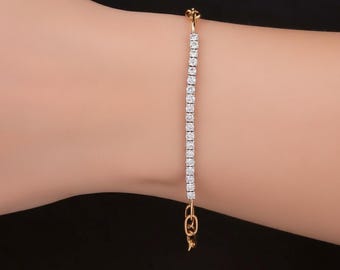 Bracciale con diamanti rotondi, metà tennis e metà graffetta, bracciale impilabile con diamanti provenienti da zone di conflitto, bracciale con catena a maglie in oro giallo 18 carati per lei