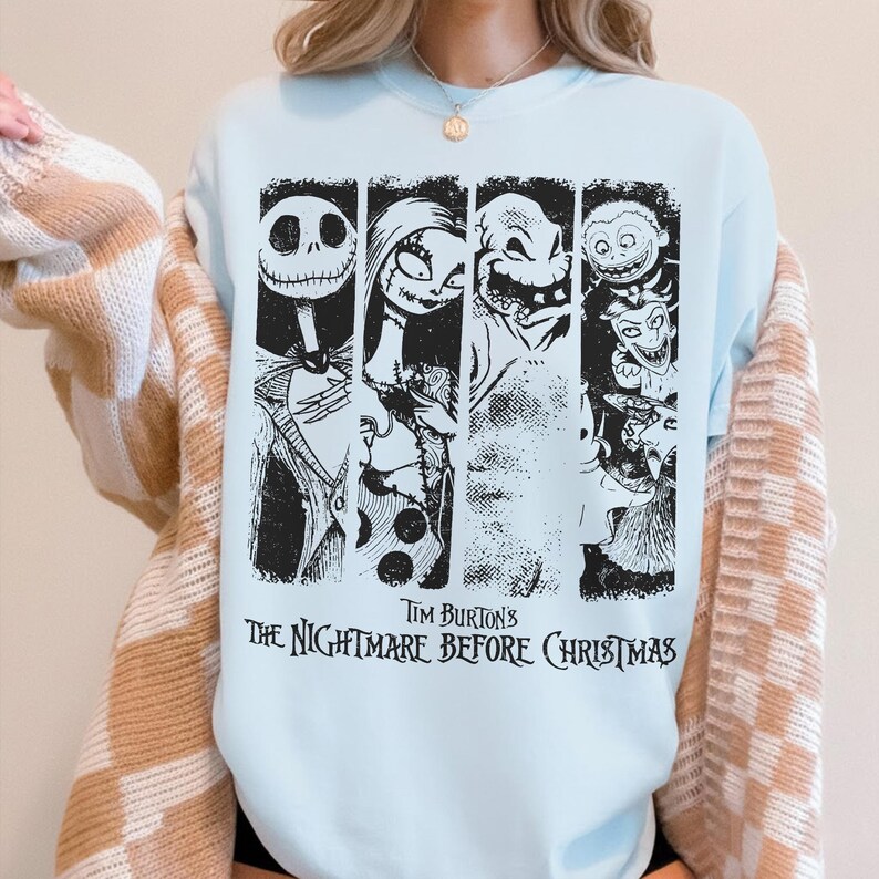 Nightmare Before Christmas Shirt, Halloween T-shirt, Jack Skellington Sally Zero Dog Oogie Boogie Lock Shock Tee, Spooky Season Sweatshirt Chambray/Light Blue